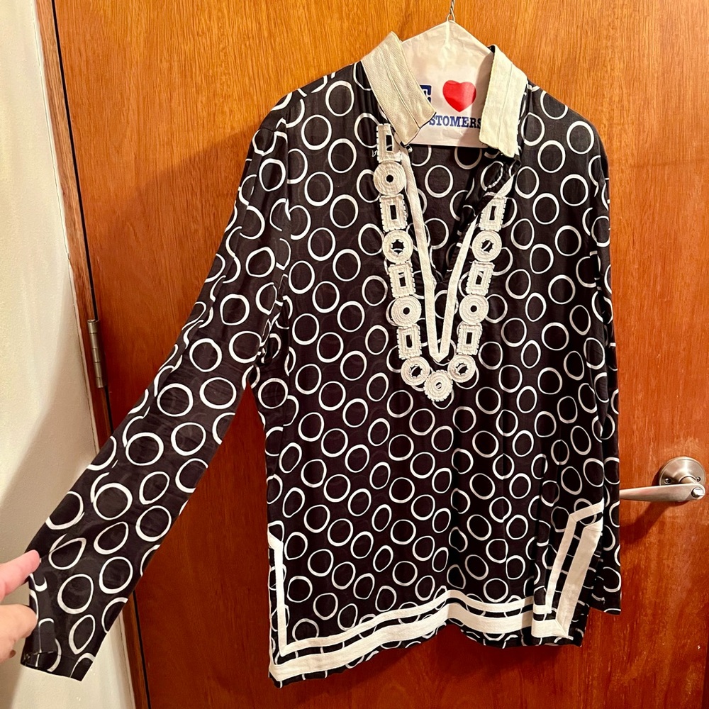 Long-sleeved blouse, white & black, Michael Kors, XL, Only used once.